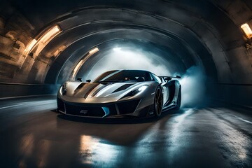 A high-performance supercar tearing through a tunnel, its exhaust leaving streaks of light as it accelerates towards the exit, leaving a trail of excitement in its wake.