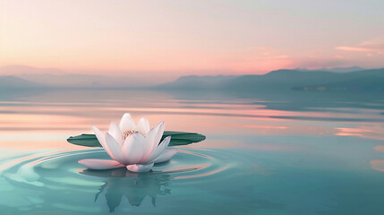 Ein ruhiges Seeufer, Morgendämmerung, sanfte Pastellfarben am Himmel, die sich auf dem ruhigen Wasser spiegeln, eine einzelne Lotusblume im Vordergrund, subtile Wellen im Wasser - obrazy, fototapety, plakaty
