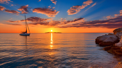 Wondrous Golden Sunset Over the Serene Adriatic Sea - A Majestic View of Nature’s Tranquility - obrazy, fototapety, plakaty