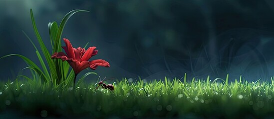 A vibrant red flower stands out against a backdrop of lush green grass in a tranquil field. The contrast between the vivid flower and the verdant surroundings creates a striking visual impact.