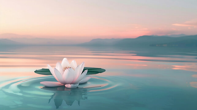 Ein ruhiges Seeufer, Morgend&auml;mmerung, sanfte Pastellfarben am Himmel, die sich auf dem ruhigen Wasser spiegeln, eine einzelne Lotusblume im Vordergrund, subtile Wellen im Wasser