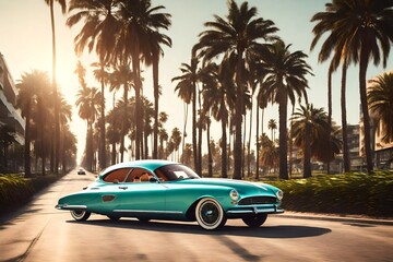 A retro-inspired concept car cruising along a palm-lined boulevard, its vintage aesthetic combined...