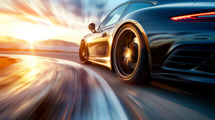 Close-up of Black Sports Car Driving on Country Road highway, Speed Motion Blur at Morning or Sunset, Rear View of Luxury Supercar Racing on street, a car moving fast on a motorway