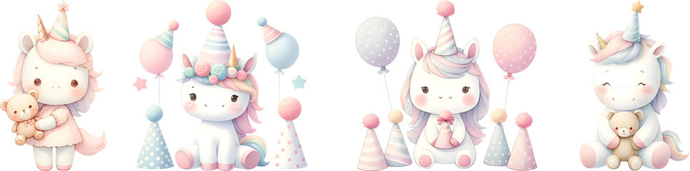Watercolor of unicorn birthday for kids.