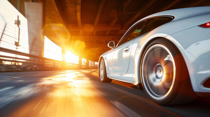 Close-up of White Sports Car Driving on Road highway, Speed Motion Blur at Morning or Sunset, Rear View of Luxury Supercar Racing on street, a car moving fast on a motorway