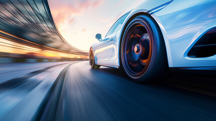 Close-up of White Sports Car Driving on Road highway, Speed Motion Blur at Morning or Sunset, Rear View of Luxury Supercar Racing on street, a car moving fast on a motorway
