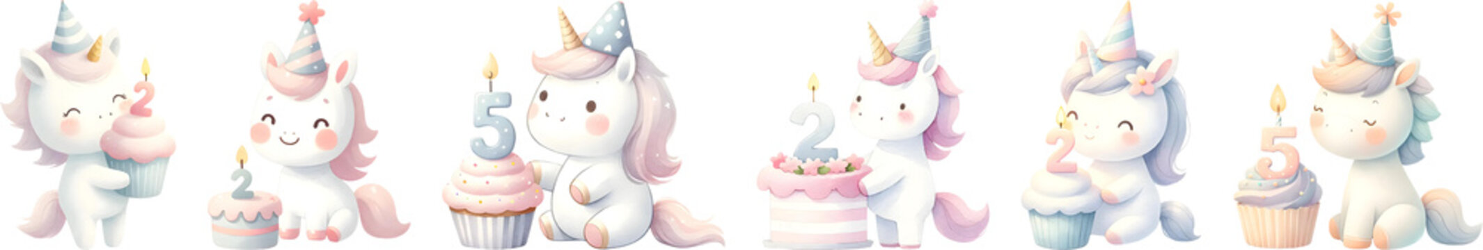 Watercolor of unicorn birthday with cake for kids.