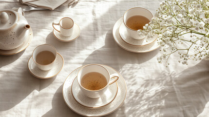 Ceramic tableware and a vase bask in natural sunlight, creating serene shadows on a white backdrop