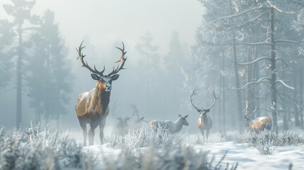 Winter reindeer gathering in snowy forest with a majestic stag center stage