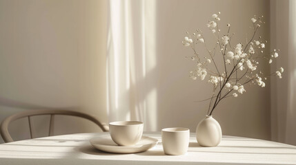 Fototapeta na wymiar Minimalist ceramic bowls with delicate pussy willow branches on a serene white background with soft shadows