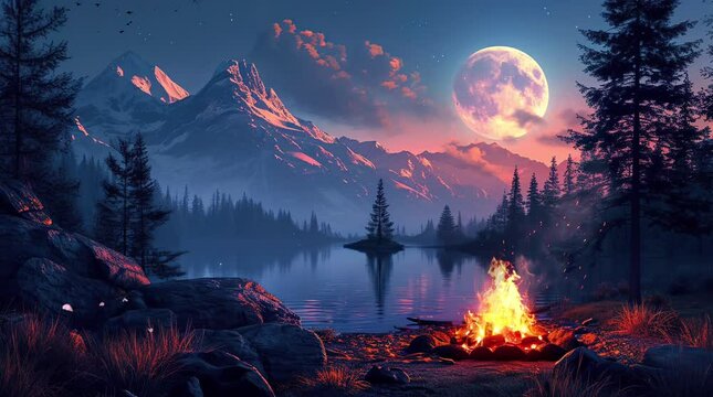 Inviting bonfire crackling beside the tranquil mountain lake under the starlit sky Seamless looping 4k time-lapse virtual video animation background. Generated AI