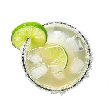 Top view of lime margarita with salt rim isolated on white background
