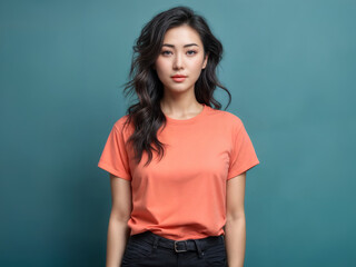 A beautiful young Asian woman in an orange or coral pink t-shirt on a teal blue background