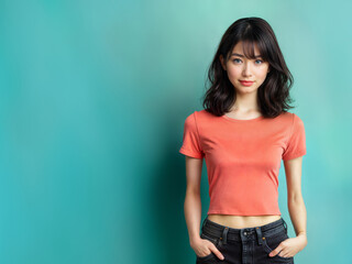 A beautiful young Asian woman in an orange or coral pink t-shirt on a teal blue background