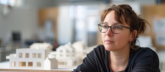 A focused architect woman sits at a table, meticulously examining a detailed model of a house. She is in her office, surrounded by various house models, demonstrating her dedication to her craft.