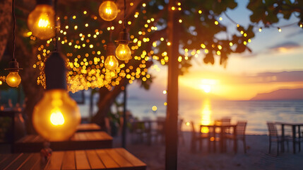 blurred bokeh light on sunset with yellow string lights decor in beach restaurant. generative ai