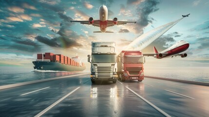 The logistic service concept of shipment of goods by sea, by land, and by air, with a cargo ship, a truck, and an airplane transporting goods. Generative AI technology - obrazy, fototapety, plakaty