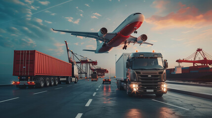 The logistic service concept of shipment of goods by sea, by land, and by air, with a cargo ship, a truck, and an airplane transporting goods. Generative AI technology - obrazy, fototapety, plakaty