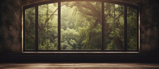 A vintage blank open window inside a room, offering a view of a lush forest outside. Tall trees, green foliage, and sunlight filtering through the leaves are visible through the window.