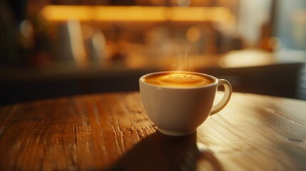 A cup of coffee placed on top of a wooden table