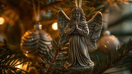 Fototapeta na wymiar An angel ornament hangs delicately from the branches of a decorated Christmas tree, adding a festive touch to the holiday season