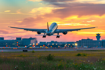 Fototapeta na wymiar Plane taking off from airport, sunset