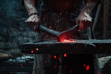 a blacksmith hammering a red hot piece of metal on an anvil - obrazy, fototapety, plakaty