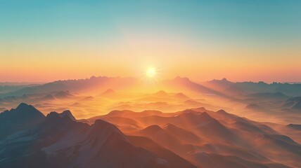 Majestic mountain sunrise panorama with golden light and cloud sea