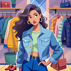 Beautiful Girl shopping fashion cloths full body view in Demin jacket and jeans