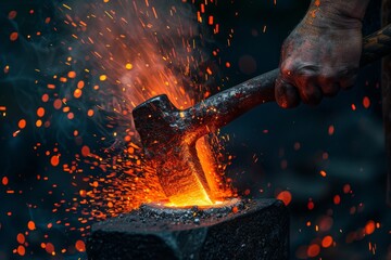 a blacksmith hammering a red hot piece of metal on an anvil