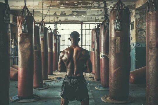 a boxer amongst the punching bags at the boxing gym