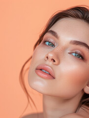 Obraz premium Portrait of a young diverse woman isolated on a peach copyspace background for text