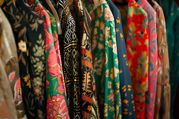Close up of colorful vintage clothing on a rack
