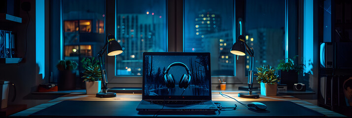 Music or podcast background with electronic devices, headphones, coffee and laptop on office desk concept.