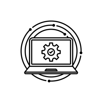 recommend clip art: thin line laptop and gear wheel like update. lineart style trend modern minimal logotype stroke art design web element isolated on white background. concept of development or devops service badge