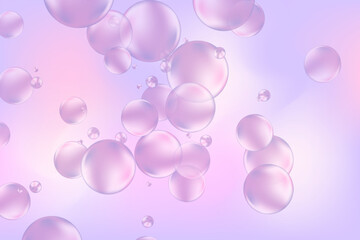 Abstract liquid bubbles or glowing circles flowing and overlapping light violet, purple gradient background. Dynamic particles emulsion wallpaper. Collagen serum solution or cosmetology oil texture.
