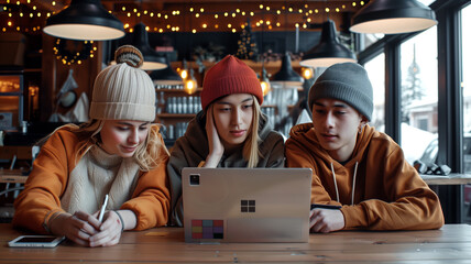 Obraz premium A group of male and female students in a room working on a report