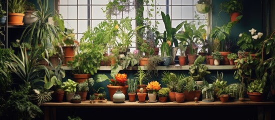 Fototapeta na wymiar A room filled to the brim with various types of potted plants, creating a lush and green atmosphere. The space is crowded with greenery, from small succulents to large leafy plants,