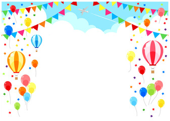 風船、気球、空、雲、背景、イラスト、かわいい、ガーランド、旗、横型