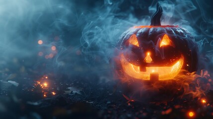 Jack-o-lantern dramatically lit with swirling smoke creating a Halloween mystique