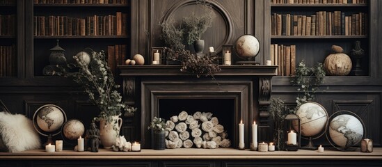 A room filled with warmth from a crackling fireplace, surrounded by bookshelves, flickering candles, and various decorative items.