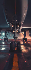 An airplane’s landing gear, taking off moment, night conditions.  - obrazy, fototapety, plakaty