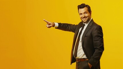 Fototapeta premium A happy businessman in a sleek suit posing with a finger pointed towards the camera on a bright yellow backdrop