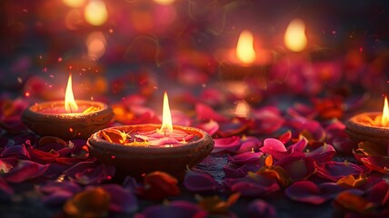 Festive Diwali earthen lamps warmly illuminating with vibrant petals in celebration
