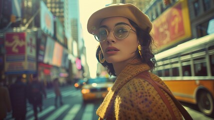A nostalgic scene of a vintage retro hipster chic woman model walking through a bustling city street, reminiscent of 1960s fashion magazines