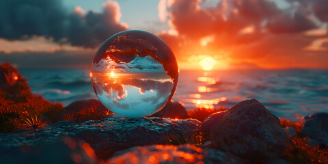 Crystal ball on snow with sunset in the background. Winter landscape. 