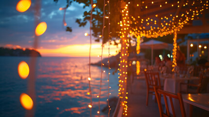 blurred bokeh light on sunset with yellow string lights decor in beach restaurant. generative ai