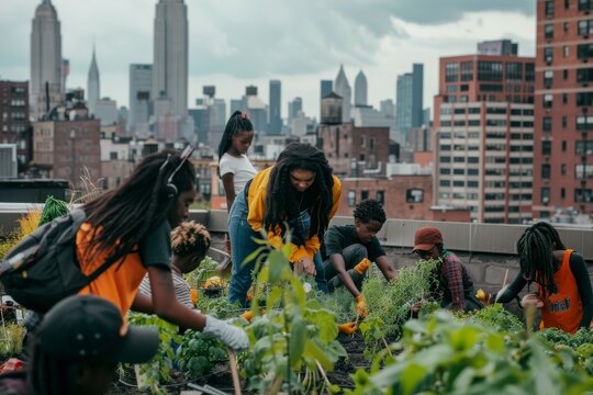 diverse group of young people gardening on a rooftop