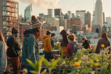 diverse group of young people gardening on a rooftop