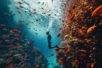 Zelfklevend Fotobehang a diver exploring a vibrant coral reef with colorful fish © senyumanmu